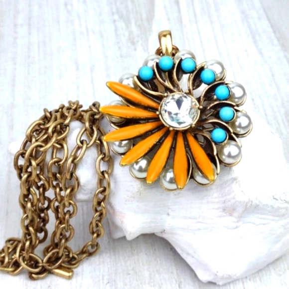 Cookie Lee Faux Pearl Turquoise & Coral Flower Pendant Choker Necklace - Picture 2 of 15